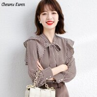 Áo sơ mi dài tay Houndstooth Áo sơ mi voan ruy băng nơ rộng dành cho nữ