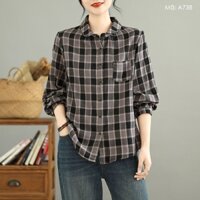 Áo sơ mi dài tay KAMAKA cổ cánh sen kẻ sọc caro một túi - A738