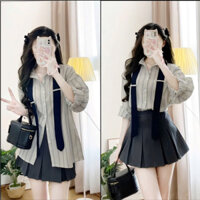 Áo Sơ Mi Dài Tay Kẻ Sọc Kèm Cà Vạt - Áo Sơ Mi Form Rộng Phong Cách Tiểu Thư Sang Chảnh