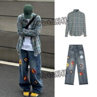 Áo Sơ Mi Dài Tay Kẻ Sọc Xanh Phá Hoại Tua Rua Cổ Điển Bộ Quần Bò Ống Đứng Thêu Cánh Hoa Chữ Cái Nam