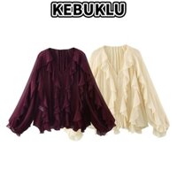 Áo sơ mi dài tay KEBUKLU, Áo sơ mi nữ cổ chữ V ren, Áo sơ mi nữ công sở dáng rộng