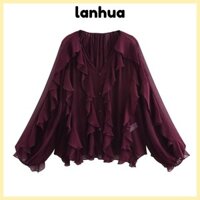 Áo sơ mi dài tay LANHUA, Áo sơ mi nữ dáng rộng cổ chữ V, Áo sơ mi nữ công sở ren thông thường