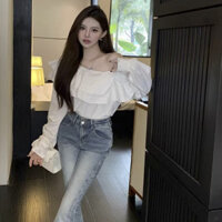 Áo sơ mi dài tay lệch vai nữ mùa xuân áo sơ mi trắng nhún bèo nữ tính