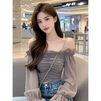 Áo Sơ Mi Dài Tay Lưới Trễ Vai Bèo Nhún Phong Cách Cầu Kỳ Áo Sơ Mi Đẹp Độc Đáo Tôn Dáng Tôn Dáng Mẫu Mới Mùa Thu Cho Nữ