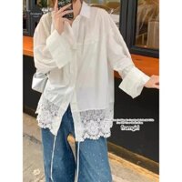 Áo sơ mi dài tay màu trắng chắp vá ren Hàn Quốc áo kiểu dáng rộng