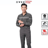 Áo sơ mi dài tay nam OWEN AR220912DT somi công sở vải sợi tre cao cấp màu kẻ rêu đen dáng regular fit tà lượn có túi