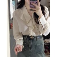 Áo Sơ Mi Dài Tay Nữ ins Thiết Kế Retro Niche Áo Sơ Mi Tay Dài Nữ Áo Sơ Mi Bé Gái Thiết Kế Quần Áo Niche Satin Áo Sơ Mi Lá Sen Cổ Ngọt Ngào Sang Trọng Commuter Top