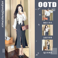 Áo sơ mi dài tay phong cách Pháp cao 175cm với nơ, váy bodycon xẻ tà kiểu nàng tiên cá, bộ hai mảnh