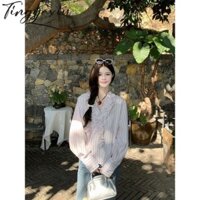 Áo sơ mi dài tay sọc hoa cổ chữ V màu hồng nhạt phong cách Pháp dành cho nữ