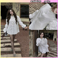 Áo sơ mi dài tay tay bồng, form rộng giấu quần phối cổ đính đá tiểu thư sang chảnh cho các nàng 14496