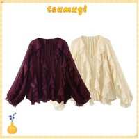 Áo sơ mi dài tay TSMUGI, Áo sơ mi nữ cổ chữ V ren, Áo sơ mi nữ công sở dáng rộng