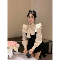 Áo Sơ Mi Dài Tay Viền Bèo Kiểu Pháp Áo Sơ Mi Mẫu Ngắn Thiết Kế Ghép Nơ Ngọt Ngào Mùa Xuân Cho Nữ