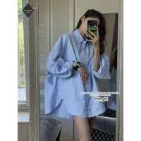 Áo sơ mi dài vừa màu xanh Hàn Quốc áo khoác oversize dáng rộng
