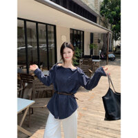 Áo Sơ Mi Dáng Dài Sọc Xanh Thắt Lưng Áo  Trễ Vai  Thiết Kế Đầu Thu Cho Nữ Áo Dài Tay