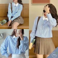 Áo sơ mi dáng ngắn dài tay kẻ sọc xanh, áo sơ mi croptop phối cổ trắng style ulzzang Joliecloset