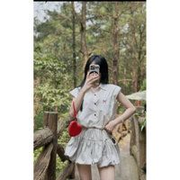 Áo Sơ Mi Dây Rút  Ba Lỗ Tay Bèo Sát Nách Thêu Nơ Kèm Chân Váy Phồng 2 Lớp