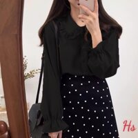 Áo Sơ Mi Đen Cổ Bèo ,Áo Somi Nữ Chất Đũi Màu Đen F005