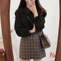 Áo Sơ Mi Đen Cổ Bèo ,Áo Somi Nữ Chất Đũi Màu Đen F005