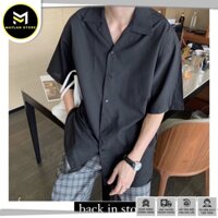 Áo sơ mi Đen Cổ Vest ngắn tay form rộng unisex nam nữ vải lụa