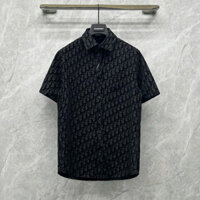 Áo sơ mi đen nam ngắn tay PB lụa thô dập hoạ tiết vân chữ thổ cẩm monogram nhung tràn thân boy phố SMC51P