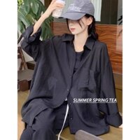 Áo sơ mi đen nữ dài tay vải đũi form rộng - Summer Spring Tea - Áo sơ mi nữ Đen/ Trắng trẻ trung - thấm hút mồ hôi