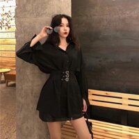 Áo sơ mi đen nữ dáng dài giấu quần có đai