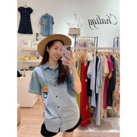 Áo sơ mi denim cộc tay oversize có túi, sơ mì bò form rộng mặt cười ulzzang