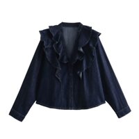 Áo Sơ Mi denim Dài Tay Cổ Chữ v Phối Bèo Nhún Nữ Tính 7918 jvtv