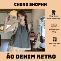 ÁO SƠ MI DENIM KHÔNG TAY CHO NỮ MÙA XUÂN 2024 PHONG CÁCH RETRO PHỐI VIỀN REN HÀNG QUẢNG CHÂU