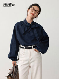Áo Sơ Mi Denim Nữ Mùa Xuân Phong Cách Mới Nơ Pháp Tay Dài