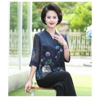 Áo sơ mi đẹp cho mẹ cho bà  hoa thuoc duoc - xanh đen,3XL