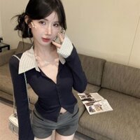 Áo Sơ Mi Dệt Kim Hai Mảnh Ghép Sọc Giả Thiết Kế Áo Car digan Dài Tay Cổ Polo Mẫu Ngắn Ôm Dáng Mùa Thu Cho Nữ