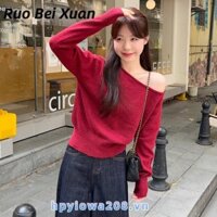 Áo sơ mi dệt kim lệch vai màu đỏ Áo len ngắn tay lệch vai Áo dài tay