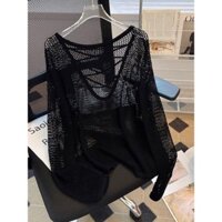 Áo sơ mi dệt kim lụa băng sọc đen trắng Áo sơ mi lưới nữ dài tay dáng rộng phong cách lười biếng Áo chống nắng Hot Girls Hollow Top 6,28