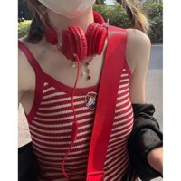 Áo sơ mi dệt kim sọc đỏ thời trang mùa hè dành cho nữ
