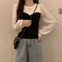 Áo sơ mi dệt kim xếp ly ngắn màu tương phản phiên bản Hàn Quốc dành cho nữ mùa xuân thu mặc voan chắp vá cổ tròn dài tay