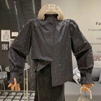 Áo sơ mi đính đá cổ trụ bèo bling hot trend