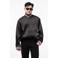 Áo Sơ Mi Đính Đá Cổ Và Tay Hai Màu Đen Trắng