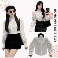 Áo sơ mi đính đã xinh cổ trụ bèo xinh, áo sơ mi kiểu trắng ROSIE DREAM SHOP