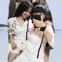 Áo Sơ Mi Đôi Nam Nữ Họa Tiết Chữ Thư Pháp | Sơ Mi Cặp Giá Rẻ c15