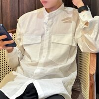 Áo sơ mi đũi cổ tàu nam 2 TÚI tay dài form rộng VNO122