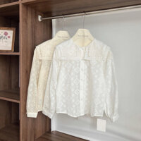 Áo sơ mi đũi ren hoa lỗ cổ vạt vuông dài tay