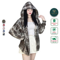 Áo Sơ Mi Flannel Vải Nỉ Dạ Form Rộng Thiết Kế Có Mũ Chống Nắng Chống UV