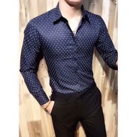 Áo sơ mi gấp hộp họa tiết chấm bi cao cấp FATUNO siêu đẹp màu xanh đen