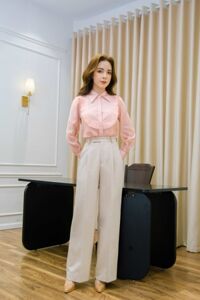 Áo sơ mi Garofano II cổ Đức, vải tơ Crepe - premium Nhật Bản (Be ivory,Hồng) Mã 005