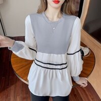 Áo sơ mi giả hai chiếc cổ điển thời trang mẫu mới áo bà bầu tay đèn Lồng khí chất giảm tuổi khí chất chít eo thắt dây size lớn thoải mái đơn giản rộng rãi mùa thu cho nữ áo