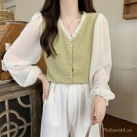 Áo sơ mi giảm cân cho phụ nữ [Áo dệt kim cổ V thiết kế cảm giác bộ sưu tập 16k áo mùa thu đa năng tay dài thời trang mới] phong cách Hàn Quốc chiffon