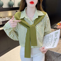Áo sơ mi hai mảnh giả Hàn Quốc nữ xuân thu khí chất dáng rộng đáy áo sọc dài tay