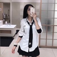 ÁO SƠ MI HÀN QUỐC KÈM CÀ VẠT 🍓🍓 ÁO TRẮNG CỔ ĐỨC PHỐI VIỀN ĐEN,SIÊU XINH, GIÁ RẺ, HANHMAI2001