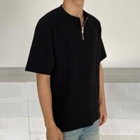 Áo sơ mi Henley tay ngắn mùa hè kiểu waffle phổ biến, cổ bẻ, kích thước lớn, áo polo có khóa kéo, phong cách Nhật Bản, áo thun nam thời trang